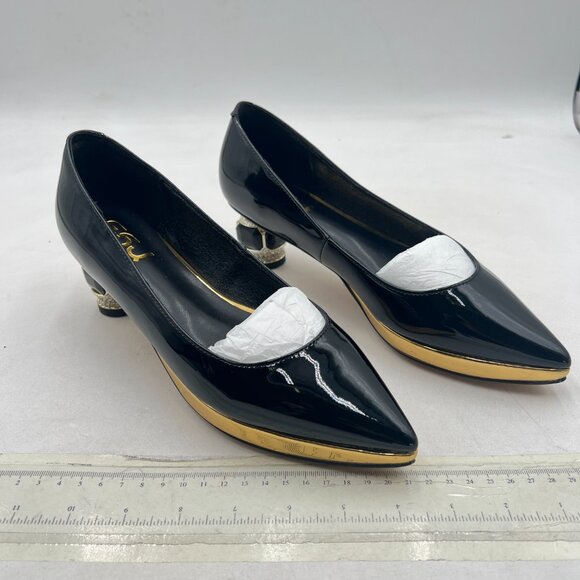 FSJ Black-gold Trim Bridal Pointed Toe Block Low Heel Crystal Pumps - Picture 4 of 8